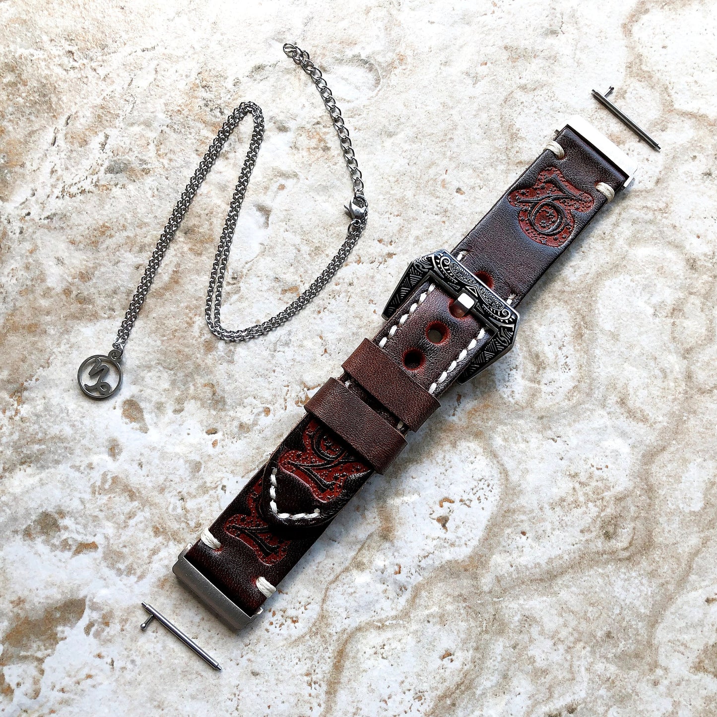 Fitbit Versa 2 3 4 Sense 2 Capricorn Zodiac Set Band Strap Brown Tooled Embossed Leather in Silver Rose Gold Black + 25" Pendants Necklace