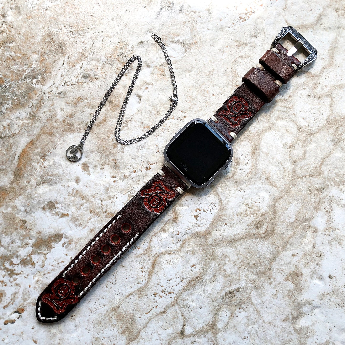 Fitbit Versa 2 3 4 Sense 2 Capricorn Zodiac Set Band Strap Brown Tooled Embossed Leather in Silver Rose Gold Black + 25" Pendants Necklace