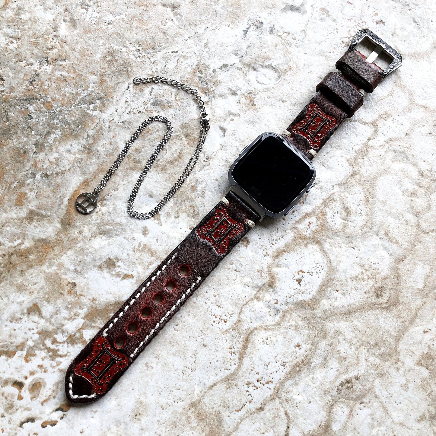 Fitbit Versa 2 3 4 Sense 2 Gemini Zodiac Set Band Strap Brown Tooled Embossed Leather in Silver Rose Gold Black and 25" Pendants Necklace
