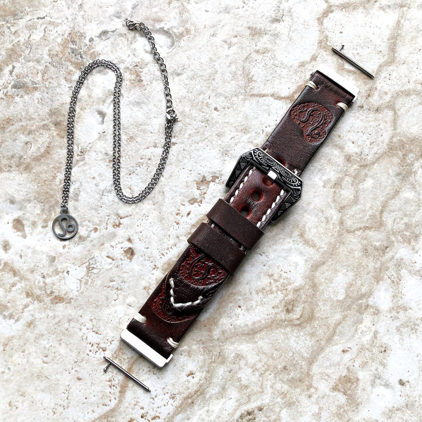 Fitbit Versa 2 3 4 Sense 2 Leo Zodiac Set Band Strap Brown Tooled Embossed Leather in Silver Rose Gold Black and 25" Pendants Necklace