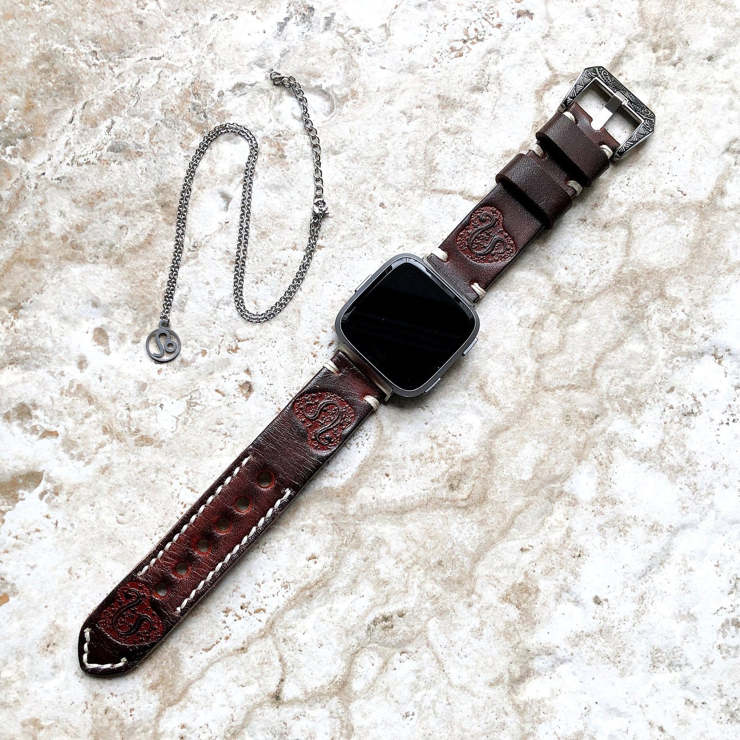 Fitbit Versa 2 3 4 Sense 2 Leo Zodiac Set Band Strap Brown Tooled Embossed Leather in Silver Rose Gold Black and 25" Pendants Necklace