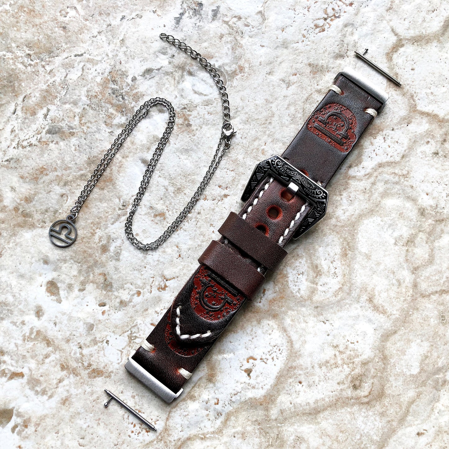 Fitbit Versa 2 3 4 Sense 2 Libra Zodiac Set Band Strap Brown Tooled Embossed Leather in Silver Rose Gold Black and 25" Pendants Necklace