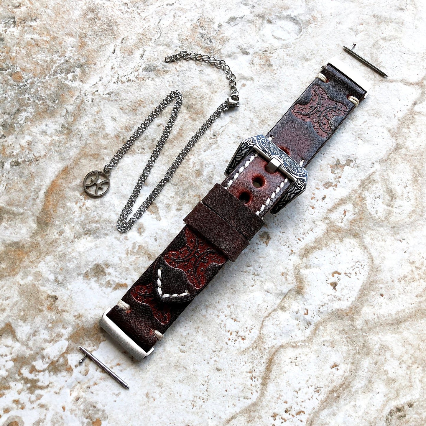 Fitbit Versa 2 3 4 Sense 2 Pisces Zodiac Set Band Strap Brown Tooled Embossed Leather in Silver Rose Gold Black and 25" Pendants Necklace