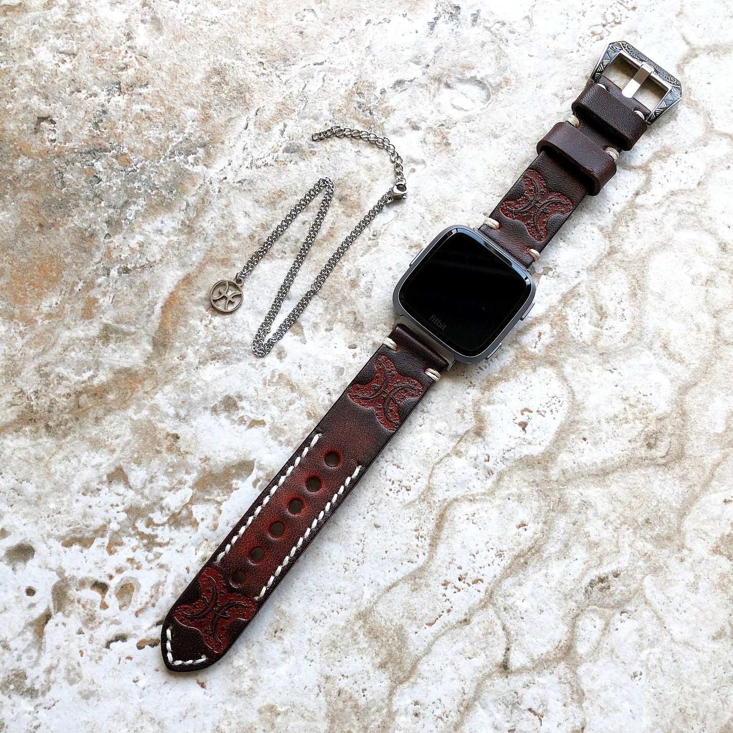 Fitbit Versa 2 3 4 Sense 2 Pisces Zodiac Set Band Strap Brown Tooled Embossed Leather in Silver Rose Gold Black and 25" Pendants Necklace