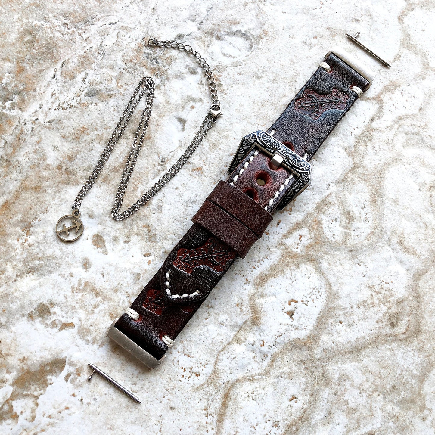 Fitbit Versa 2 3 4 Sense 2 Sagittarius Zodiac Set Band Strap Brown Tooled Embossed Leather in Silver Rose Gold Black 25" Pendants Necklace