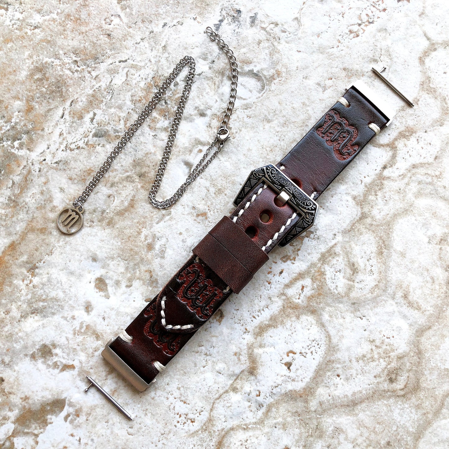 Fitbit Versa 2 3 4 Sense 2 Scorpio Zodiac Set Band Strap Brown Tooled Embossed Leather in Silver Rose Gold Black and 25" Pendants Necklace
