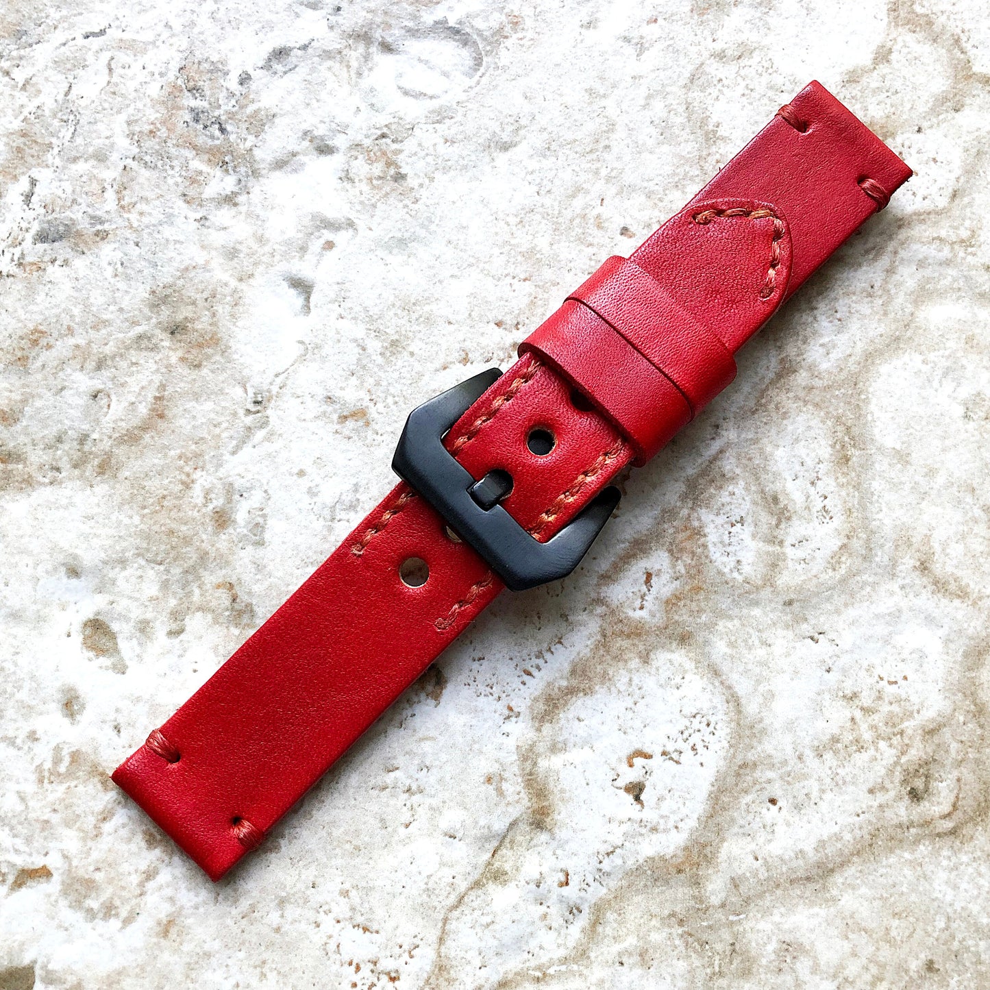 Red Band 22mm 24mm 25mm Real Leather Strap Compatible with Apple Ultra 2 9 8 7 SE 6 5 4 3 2 1 Series Watch Fitbit Versa 2 3 4 Sense 2 Ionic