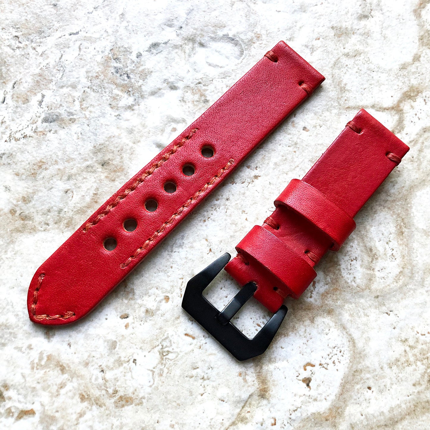 Red Band 22mm 24mm 25mm Real Leather Strap Compatible with Apple Ultra 2 9 8 7 SE 6 5 4 3 2 1 Series Watch Fitbit Versa 2 3 4 Sense 2 Ionic