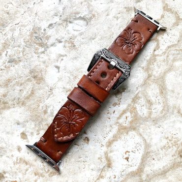 Orchid Flower Band 22mm 24mm 25mm Embossed Genuine Leather Compatible with Apple Watch Fitbit Versa 2 3 4 Sense 2 Ionic Handmade Strap