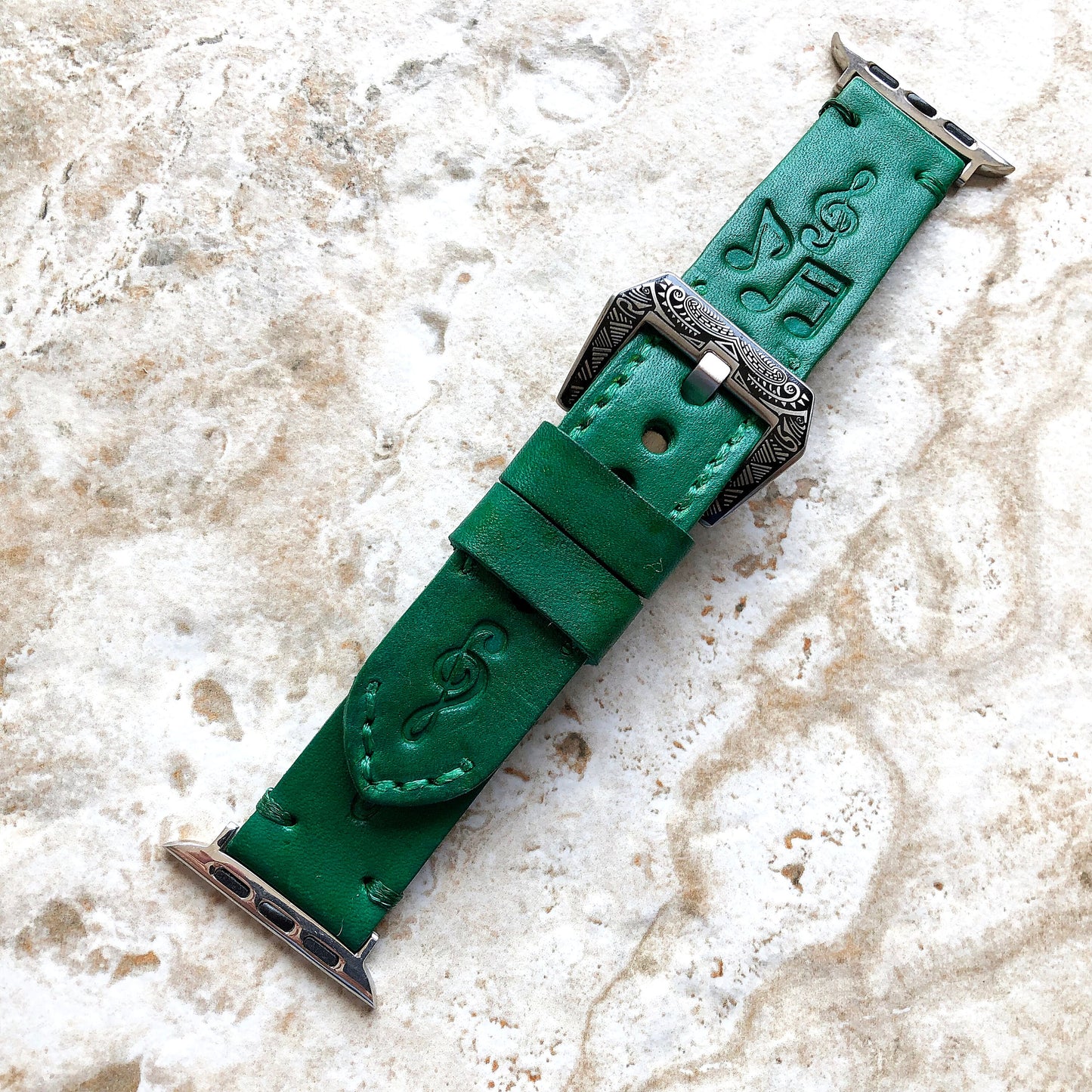 Music Lover Band 22mm 24mm 25mm Tooled Embossed Genuine Leather Compatible with Apple Watch Fitbit Versa 2 3 4 Sense 2 Ionic Handmade Strap