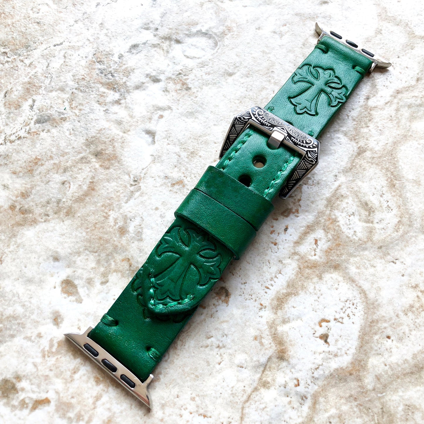 Cross Fleury Band 22mm 24mm 25mm Tooled Embossed Genuine Leather Compatible with Apple Watch Fitbit Versa 2 3 4 Sense 2 Ionic Strap