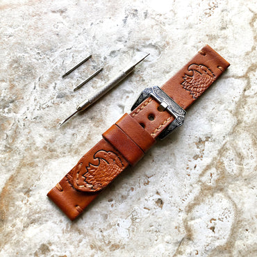 Eagle Head Left Band 22mm 24mm 25mm Tooled Embossed Genuine Real Leather Strap Compatible with Apple Watch Fitbit Versa 2 3 4 Sense 2 Ionic
