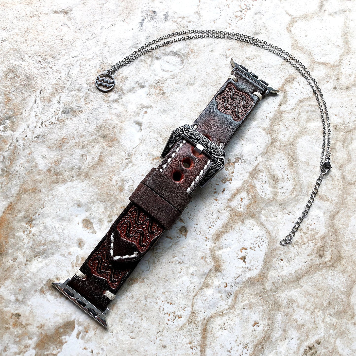Apple Watch Aquarius Zodiac Band Set for Ultra 2 9 8 7 6 SE 5 4 3 2 1 38mm 40 41 42mm 44mm 45mm 49mm Brown Leather Embossed Strap & Necklace