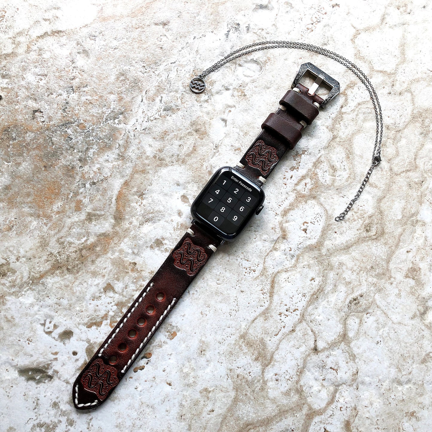 Apple Watch Aquarius Zodiac Band Set for Ultra 2 9 8 7 6 SE 5 4 3 2 1 38mm 40 41 42mm 44mm 45mm 49mm Brown Leather Embossed Strap & Necklace