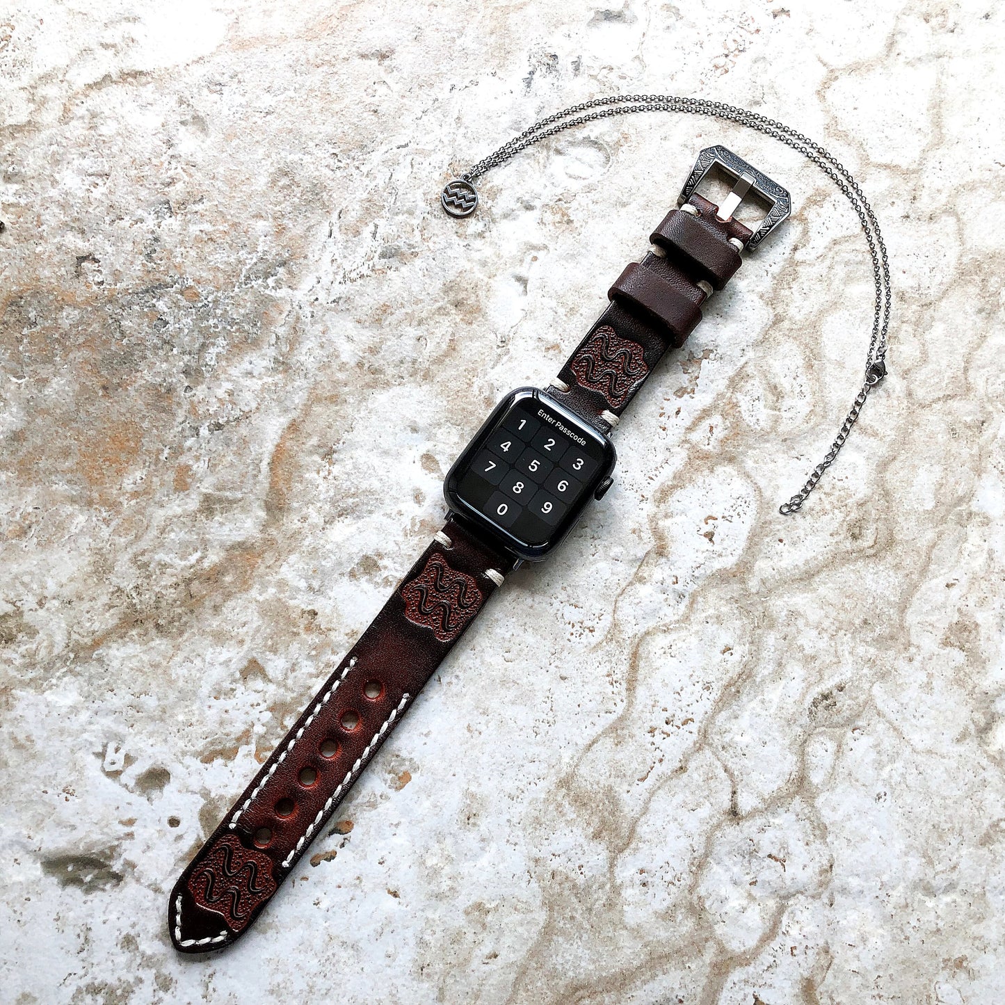 Apple Watch Aquarius Zodiac Band Set for iWatch Ultra 2 49mm and 9 8 Series 41mm 45mm Case Brown Leather Tooled Embossed Strap and Necklace