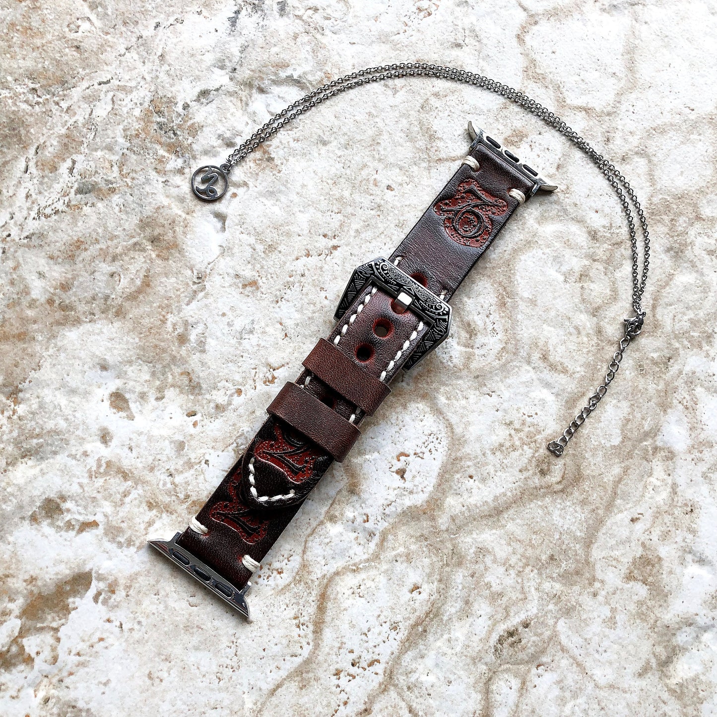 Apple Watch Capricorn Zodiac Band Set for iWatch Ultra 2 49mm and 9 8 Series 41mm 45mm Case Leather Embossed Bracelet Strap and Necklace