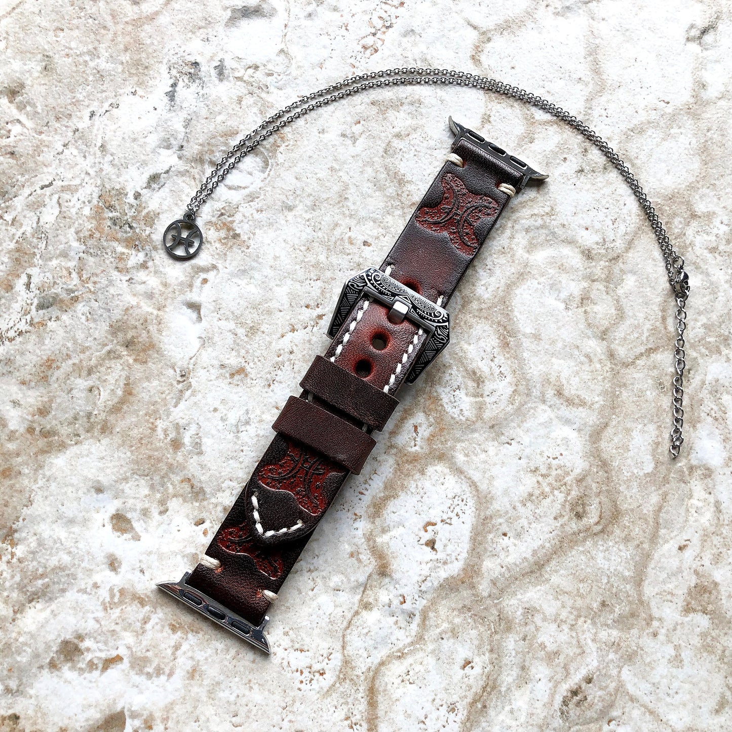 Apple Watch Pisces Zodiac Band Set for iWatch Ultra 2 49mm and 9 8 Series 41mm 45mm Case Brown Leather Embossed Strap Bracelet and Necklace
