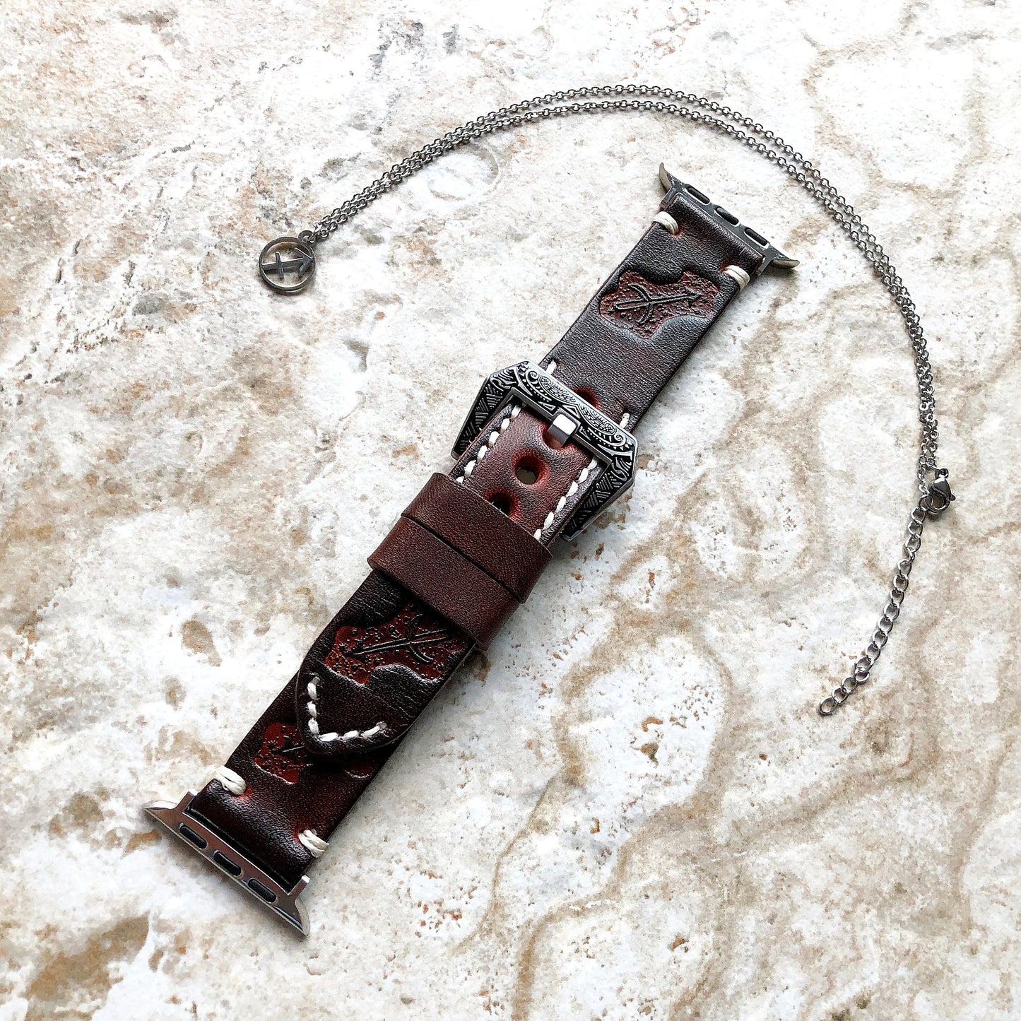 Apple Watch Sagittarius Zodiac Band Set for Ultra 2 9 8 7 SE 6 5 4 3 2 1 38mm 40 41 42 44 45 49mm Brown Leather Embossed Strap and Necklace