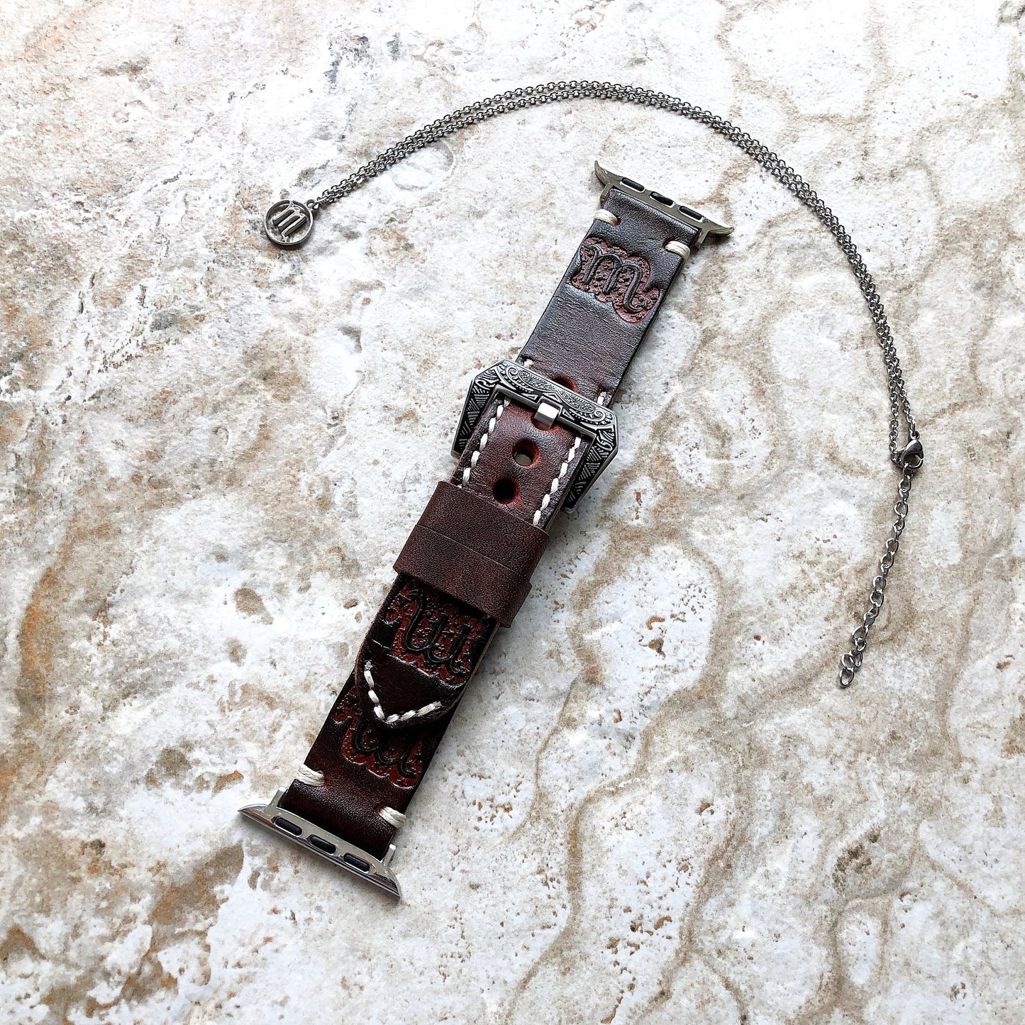 Apple Watch Scorpio Zodiac Band Set for iWatch Ultra 2 49mm and 9 8 Series 41mm 45mm Case Brown Leather Embossed Strap Bracelet and Necklace