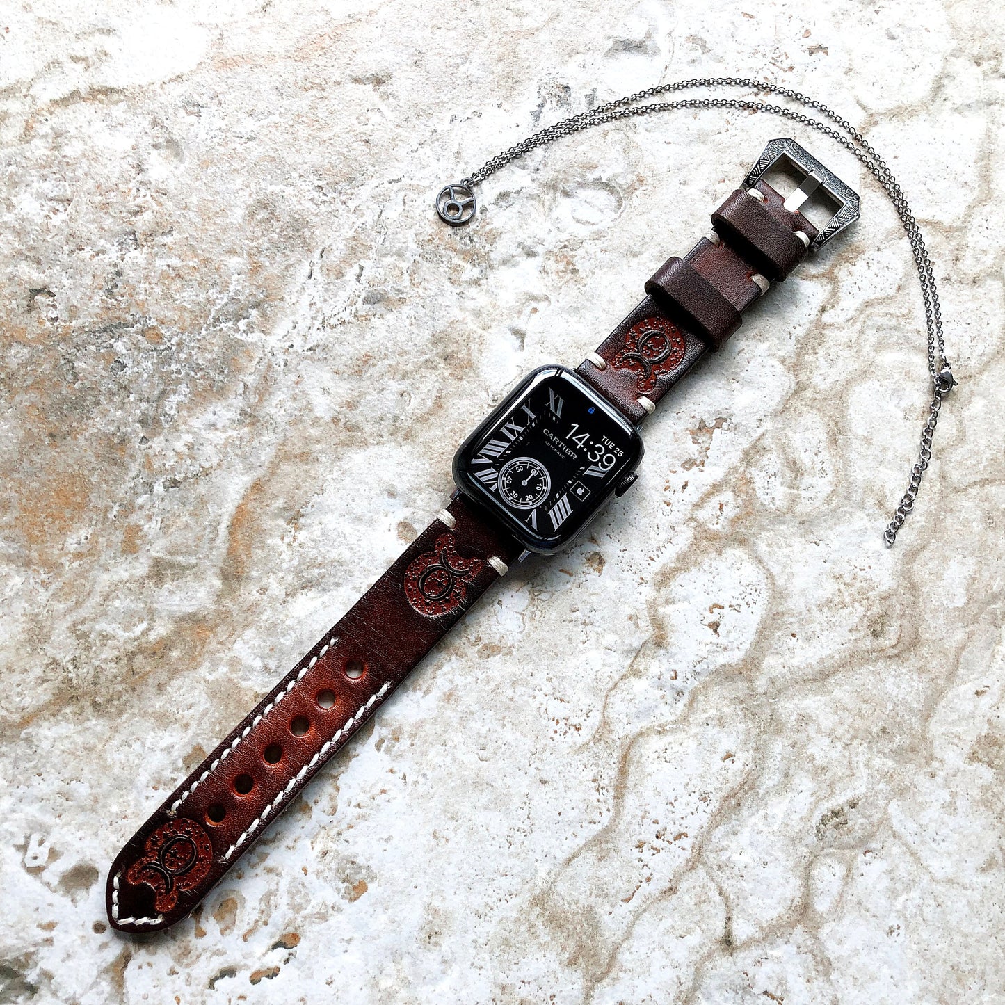 Apple Watch Taurus Zodiac Band Set for iWatch Ultra 2 49mm and 9 8 Series 41mm 45mm Case Brown Leather Tooled Embossed Strap and Necklace