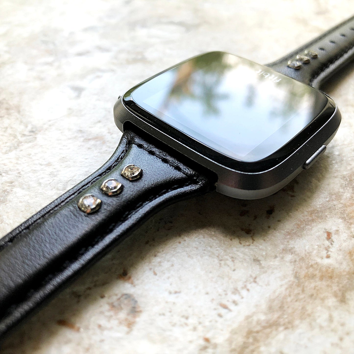 Fitbit Versa 2 3 4 Sense 2 Black Leather Band with Sparking Crystals Slim Elegant Soft Straps Stitching Details Quick Release Pins Adapters