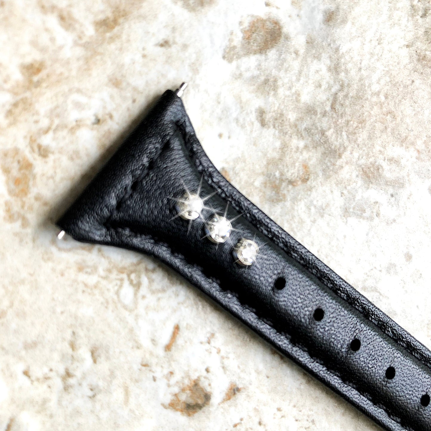 22mm Black Leather and Crystals Slim Elegant Soft Watch Strap Band for Wrist Hand Watches - Quick Release Pins Included Easy Ready to Attach