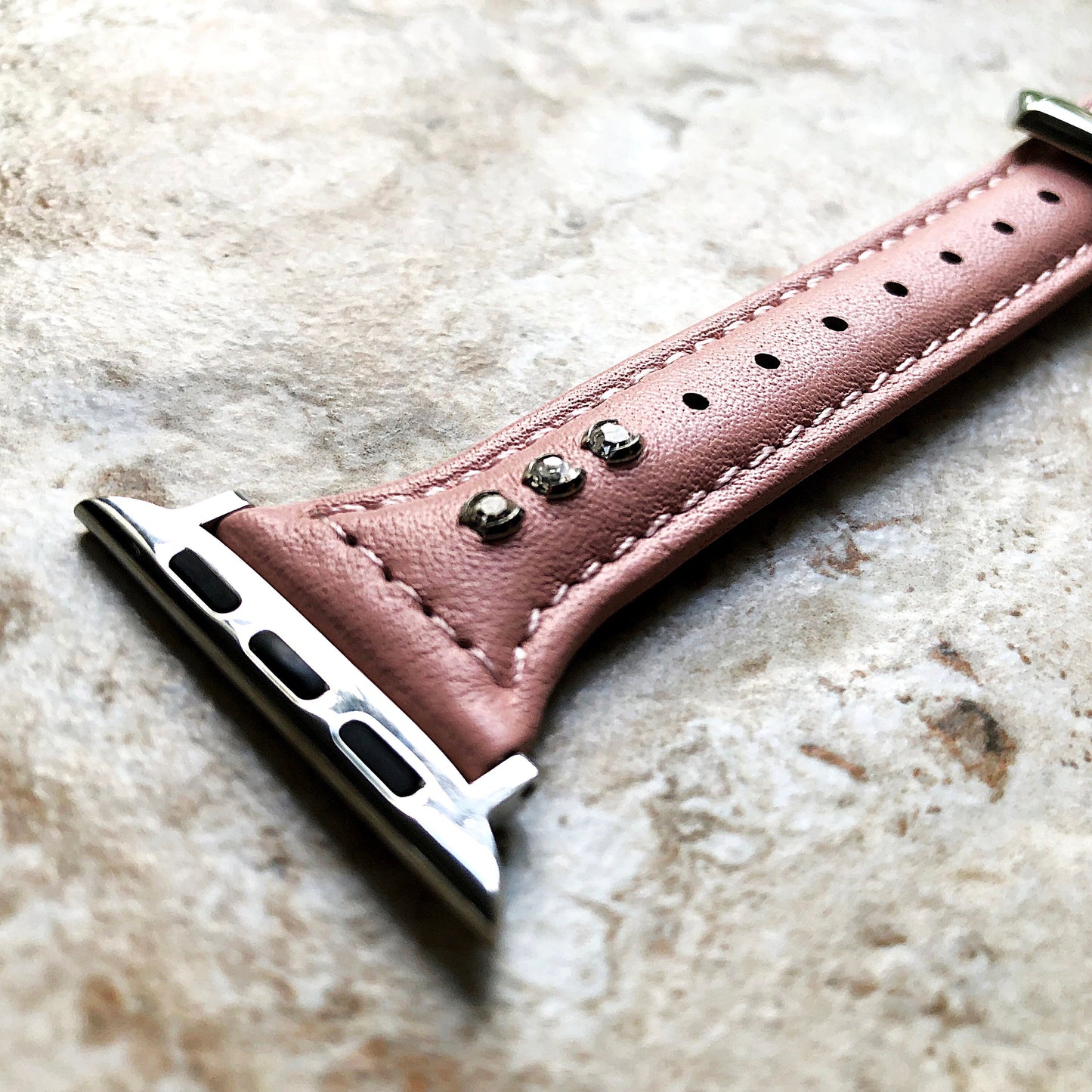 Apple Pink Leather with Crystals Slim Elegant Soft Band Strap Bracelet for iWatch Ultra 2 49mm and 9 8 Series 41mm 45mm Case Handmade