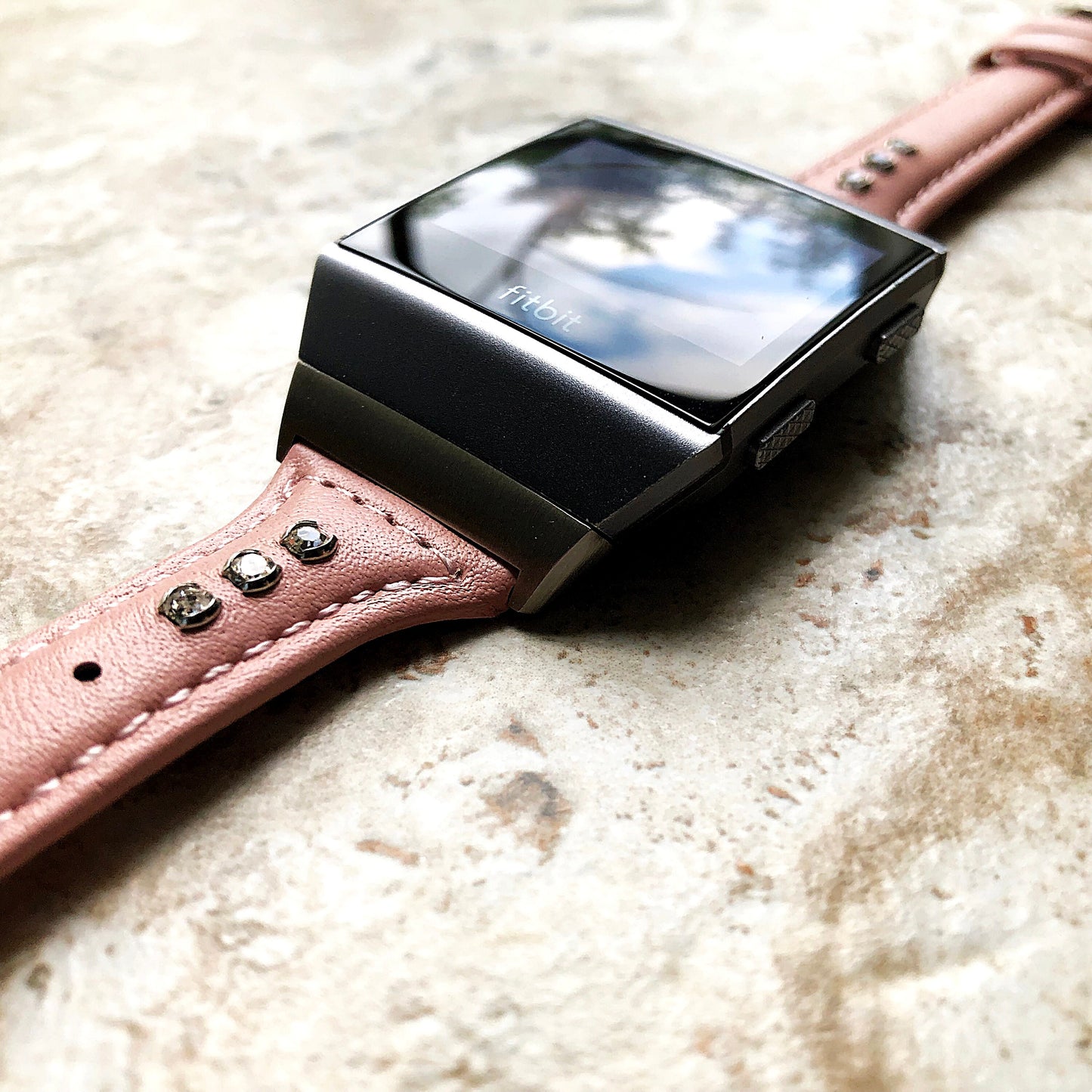 Fitbit Ionic Pink Leather & Crystals Slim Elegant Soft Band Strap Bracelet for Smartwatch Quick Release Adapters in Silver Rose Gold Black