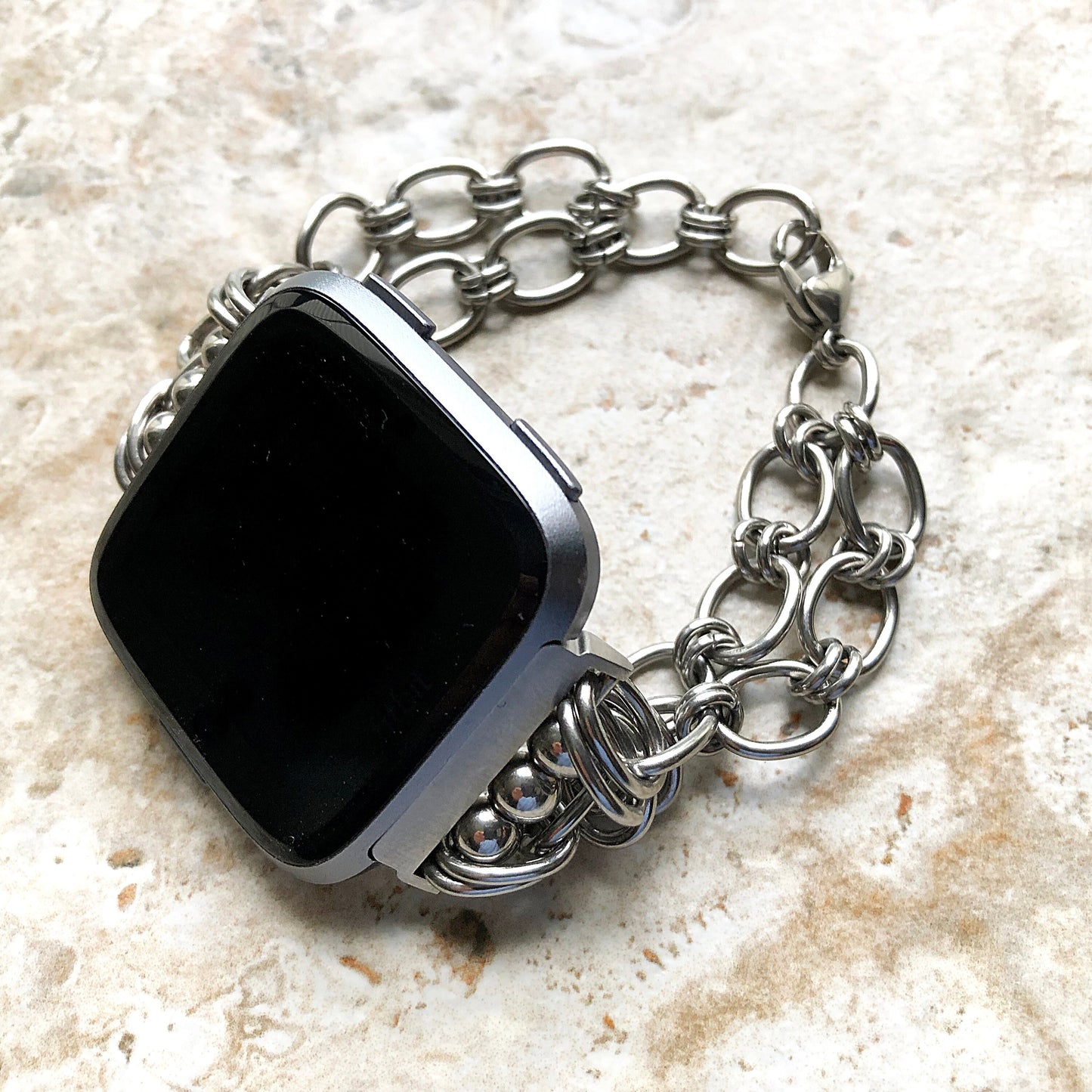 Fitbit Versa 2 3 4 Sense 2 New Bracelet Chain Links for Smartwatch Trackers Band Tarnish Resistant Silver Color Stainless Steel Handmade