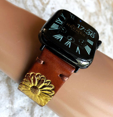 Daisy Flower Band 22mm 24mm 25mm Compatible with Apple Watch Fitbit Versa 2 3 4 Sense 2 Ionic Embossed Tooled Real Leather Strap