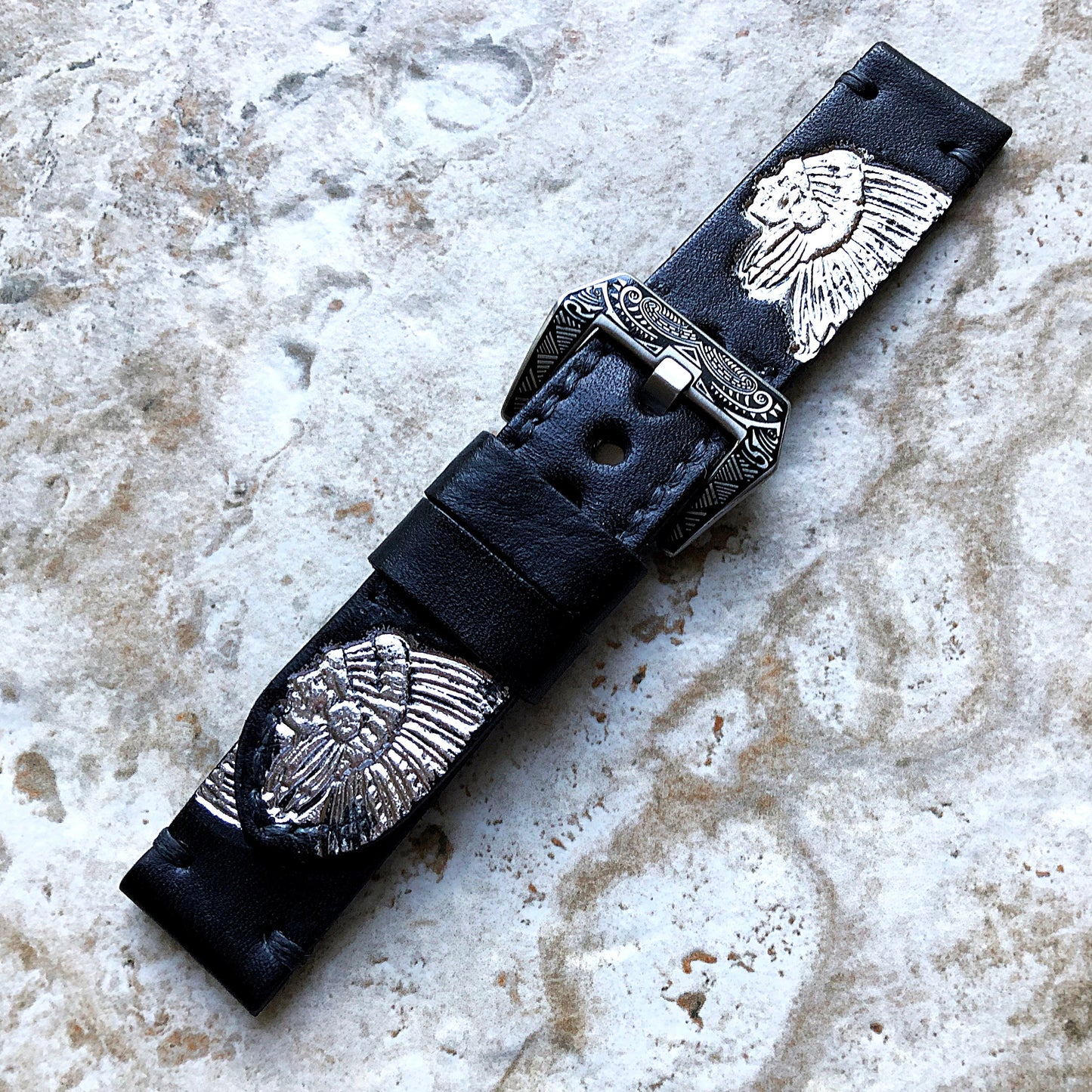 Chief Boss Band 22mm 24mm 25mm Compatible with Apple Watch Fitbit Versa 2 3 4 Sense 2 Ionic Accented Embossed Real Leather Handmade Strap