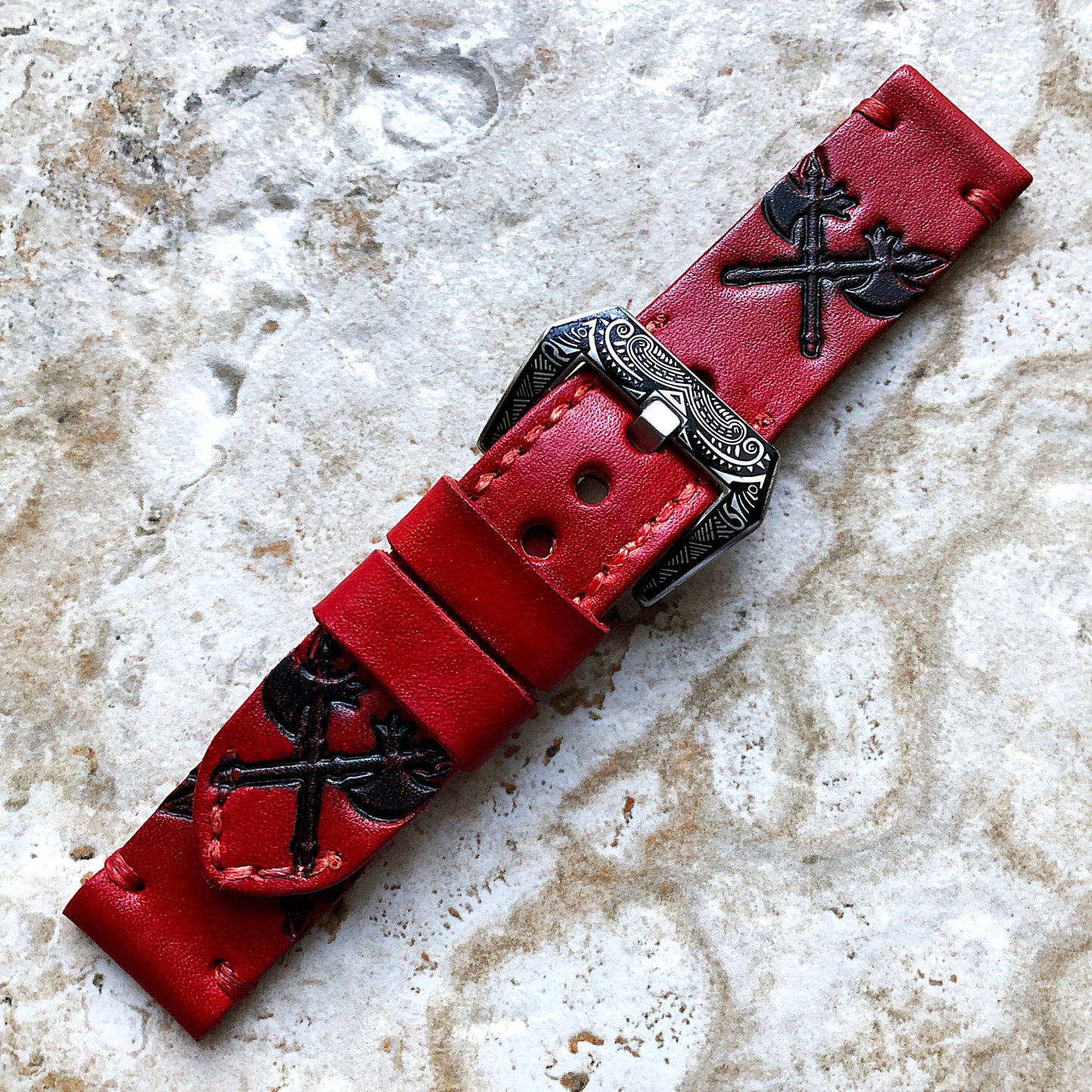 Crossed Axes Band 22mm 24mm 25mm Compatible with Apple Watch Fitbit Versa 2 3 4 Sense 2 Ionic Accented Embossed Real Leather Handmade Strap