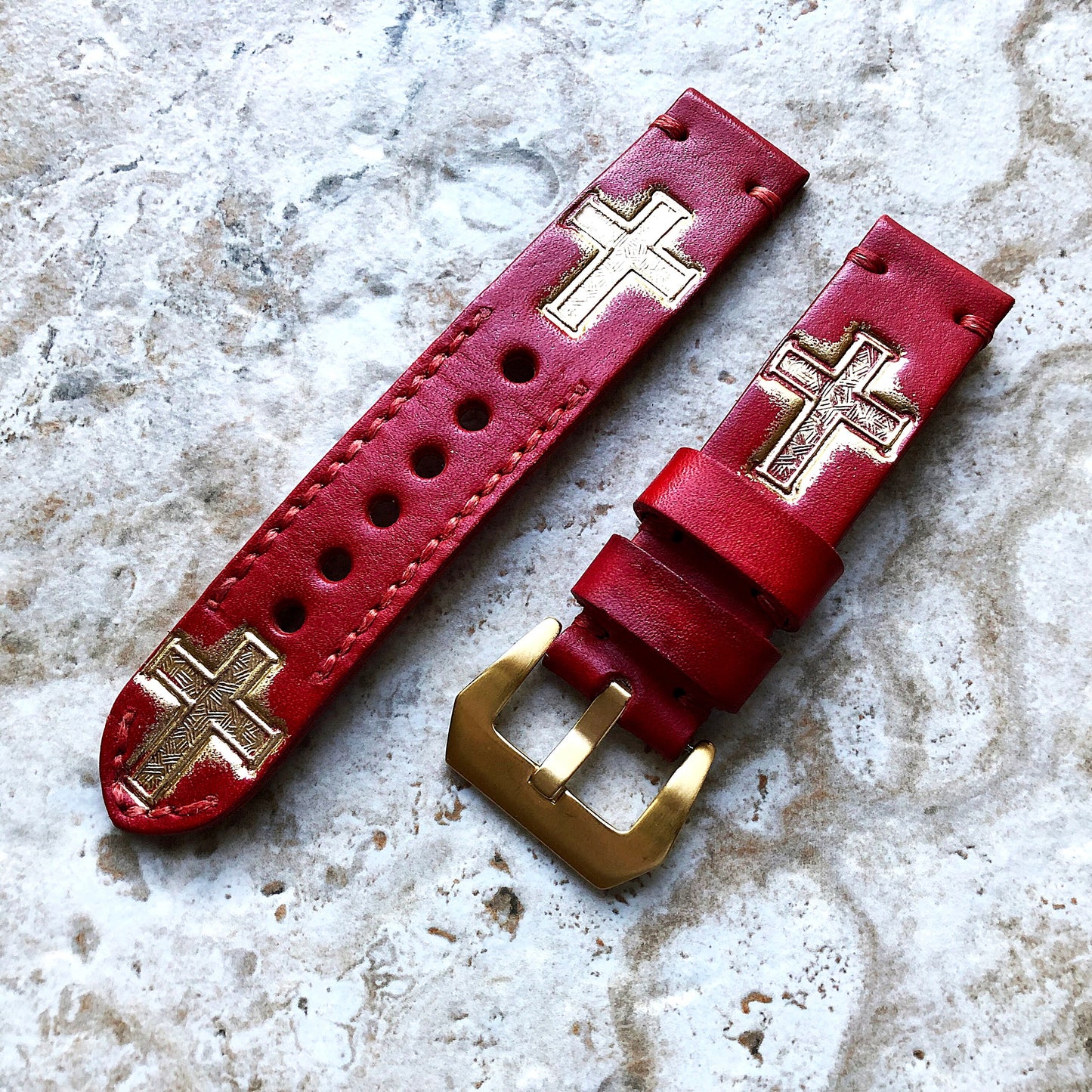 Latin Cross Band 22mm 24mm 25mm Compatible with Apple Watch Fitbit Versa 2 3 4 Sense 2 Ionic Accented Embossed Real Leather Handmade Strap