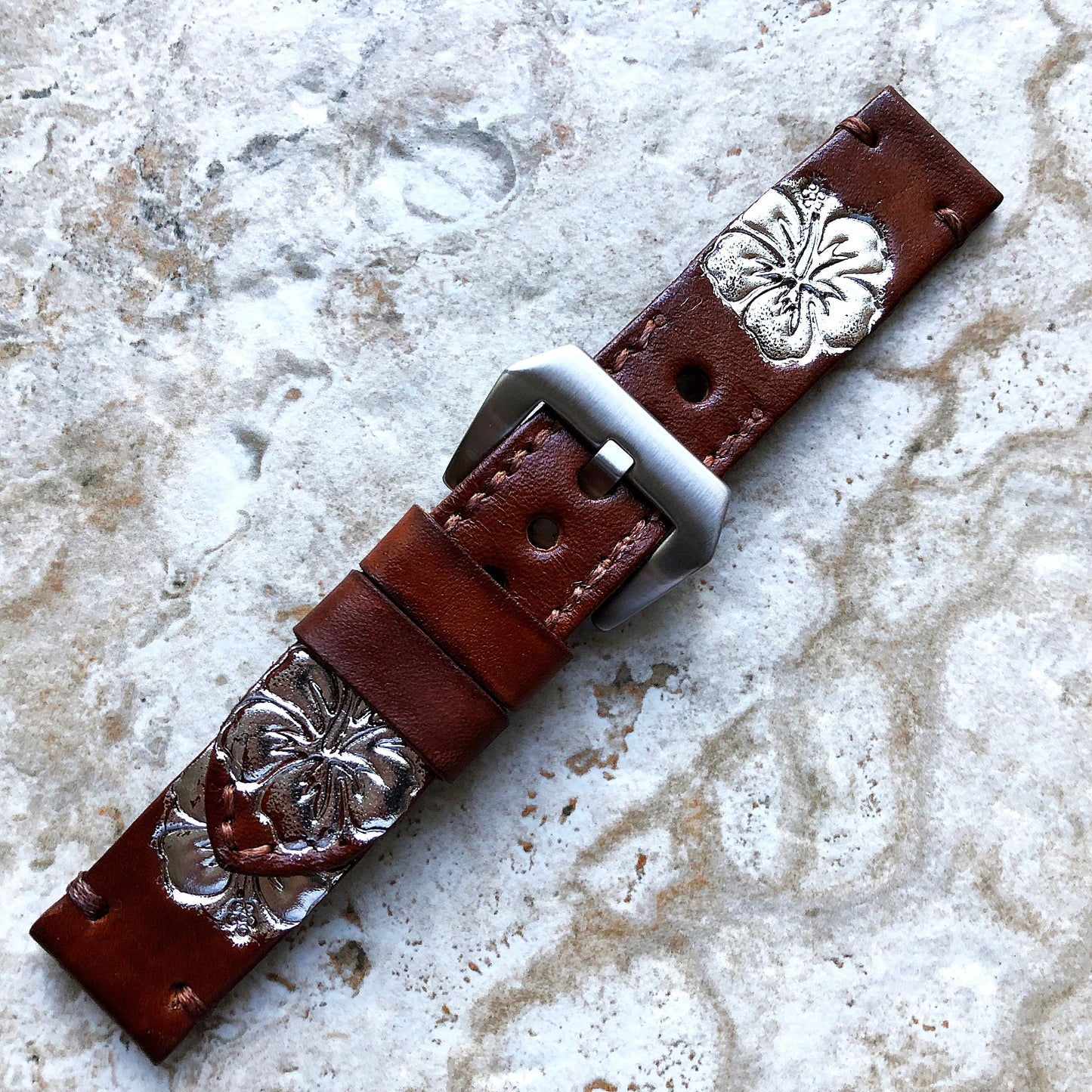Orchid Flower Band 22mm 24mm 25mm Compatible with Apple Watch Fitbit Versa 2 3 4 Sense 2 Ionic Accented Embossed Leather Handmade Strap