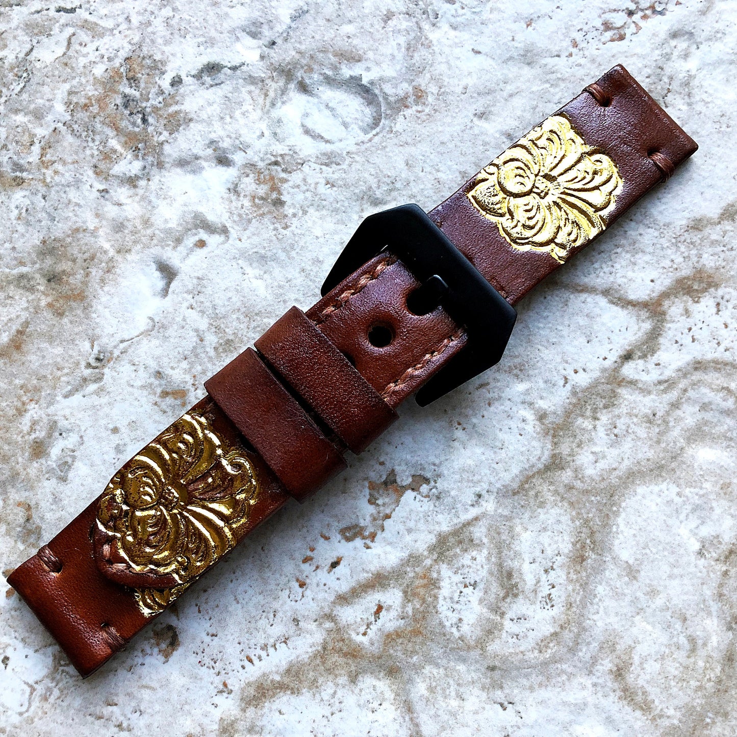 Peony Flower Band 22mm 24mm 25mm Compatible with Apple Watch Fitbit Versa 2 3 4 Sense 2 Ionic Accented Embossed Real Leather Handmade Strap