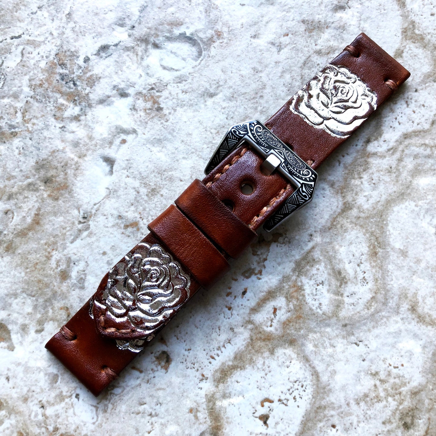 Rose Flower Band 22mm 24mm 25mm Compatible with Apple Watch Fitbit Versa 2 3 4 Sense 2 Ionic Accented Embossed Real Leather Handmade Strap