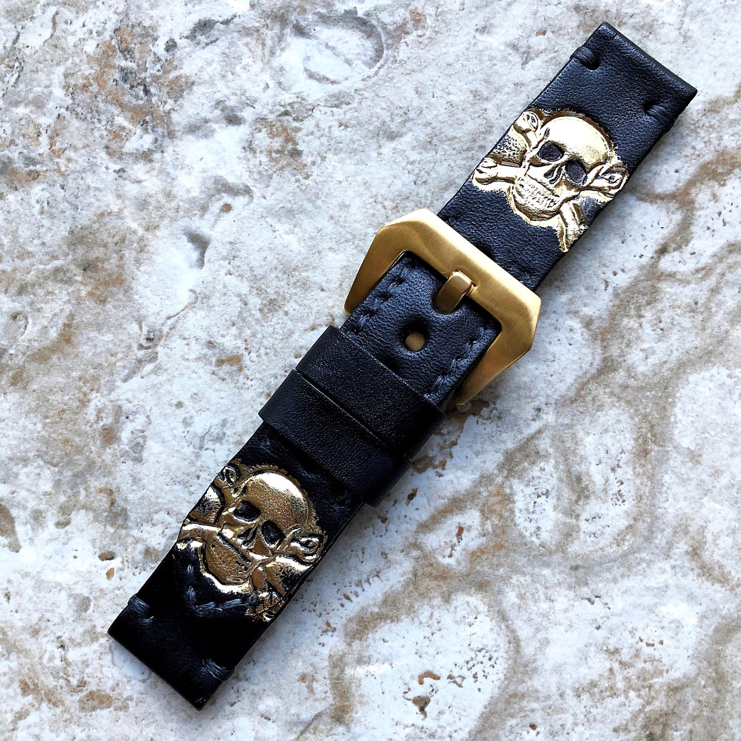 Skull X Bones Band 22mm 24mm 25mm Compatible with Apple Watch Fitbit Versa 2 3 4 Sense 2 Ionic Accented Embossed Leather Handmade Strap