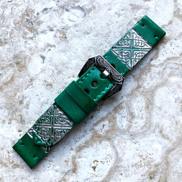 Celtic Symbol Sq Band 22mm 24mm 25mm Compatible with Apple Watch Fitbit Versa 2 3 4 Sense 2 Ionic Accented Embossed Leather Handmade Strap