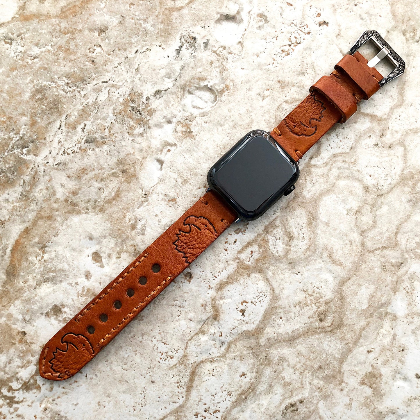 Apple Watch Ultra 2 and 9 8 Series Genuine Leather Eagle Brown Band for iWatch 41mm 45mm 49mm Handmade Embossed Tooled Strap Bracelet