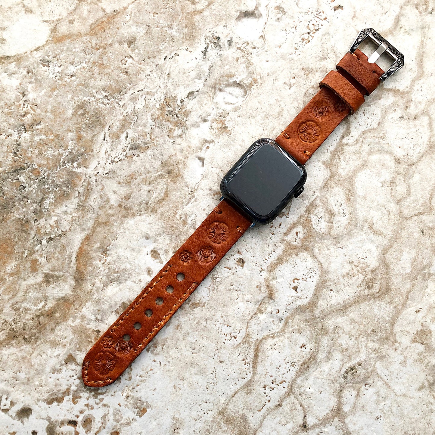 Apple Watch Flowers Genuine Leather Band for iWatch Ultra 2 49mm and 9 8 Series 41mm 45mm Case Tooled Embossed Handmade Brown Strap Bracelet