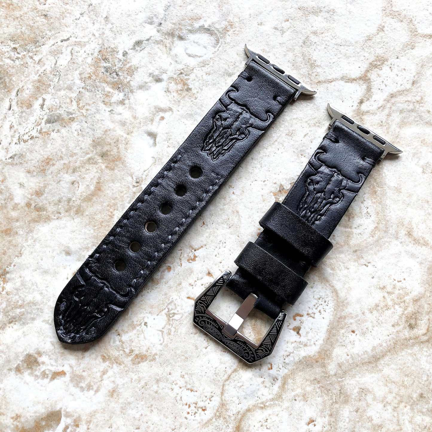 Apple Watch Leather Band Buffalo Skull Black for iWatch Ultra 2 49mm and 9 8 Series 41mm 45mm Case Tooled Embossed Handmade Strap Bracelet