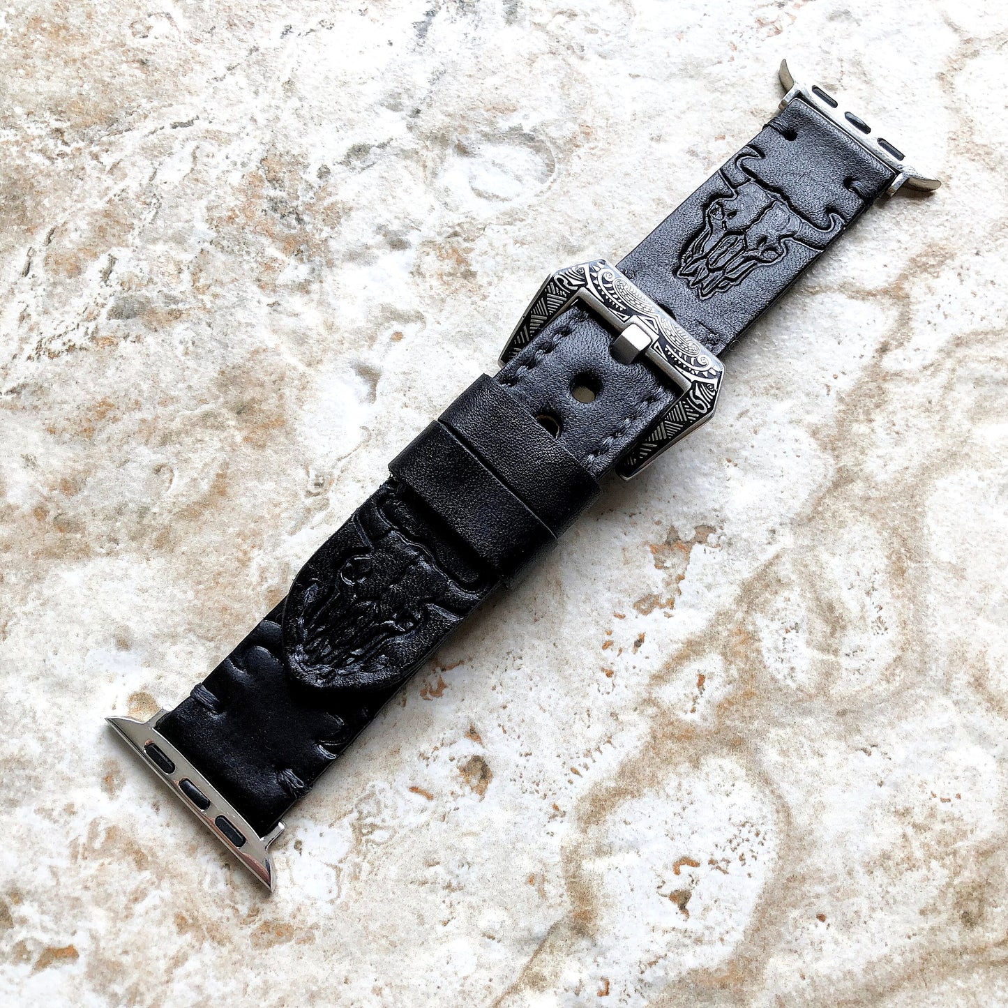Apple Watch Leather Band Buffalo Skull Black for iWatch All Series 38mm 40mm 41mm 42mm 44mm 45mm 49mm Case Embossed Handmade Strap Bracelet