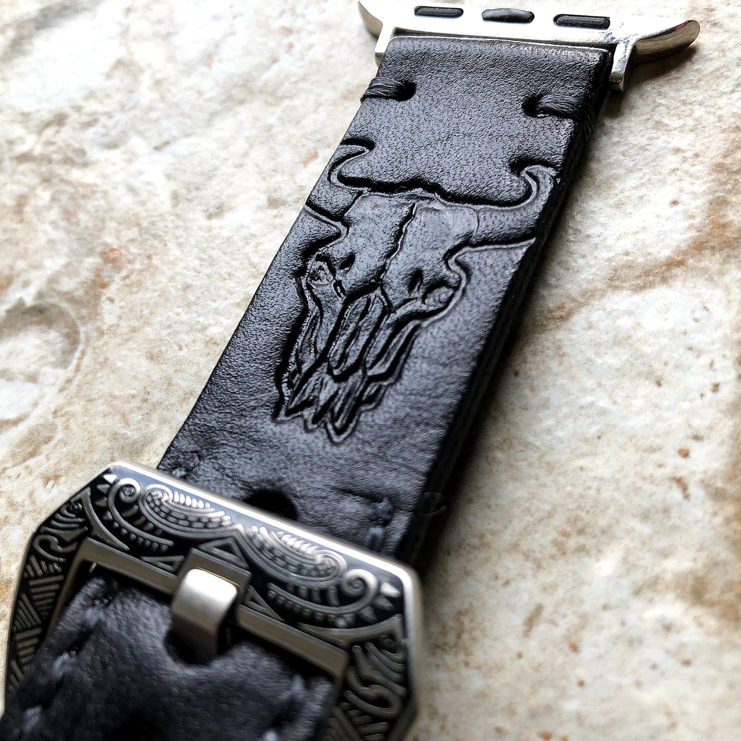 Apple Watch Leather Band Buffalo Skull Black for iWatch All Series 38mm 40mm 41mm 42mm 44mm 45mm 49mm Case Embossed Handmade Strap Bracelet