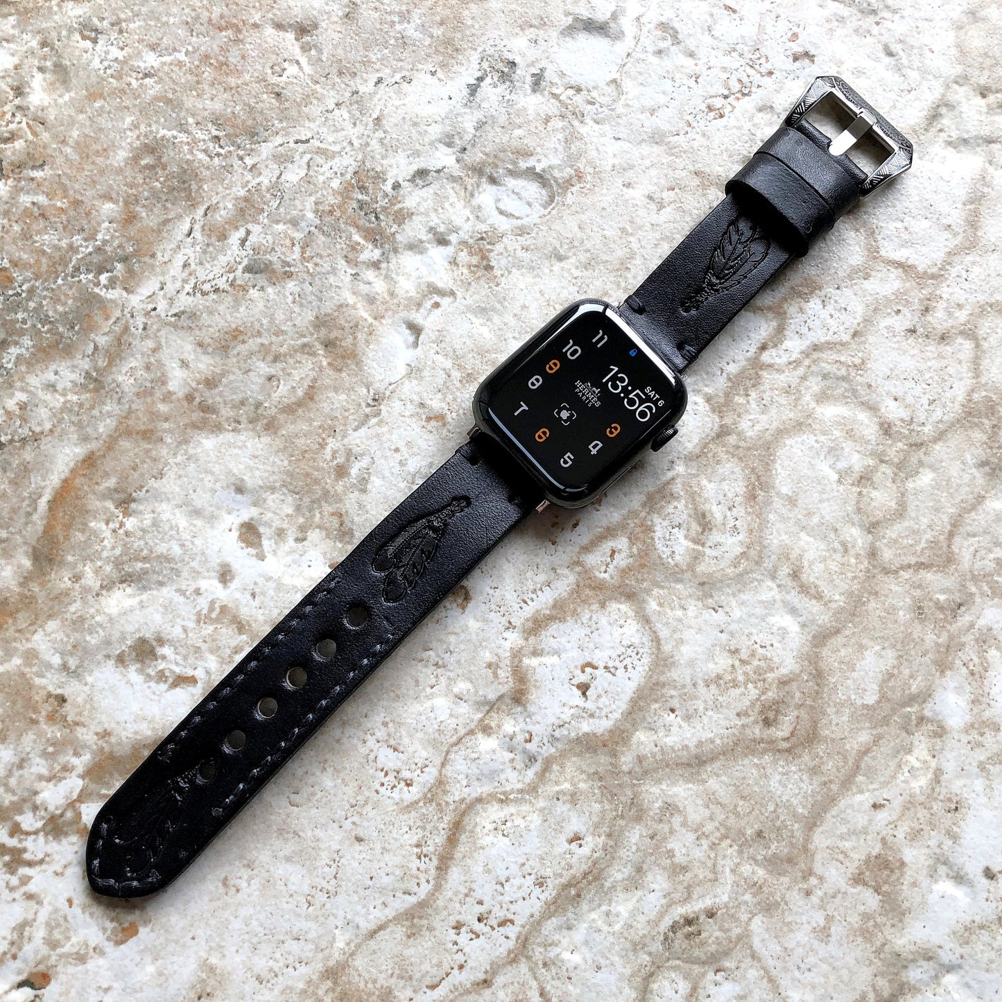 Apple Watch Leather Band Feathers Black for iWatch All Series 38mm 40mm 41mm 42mm 44mm 45mm 49mm Tooled Embossed Handmade Strap Bracelet