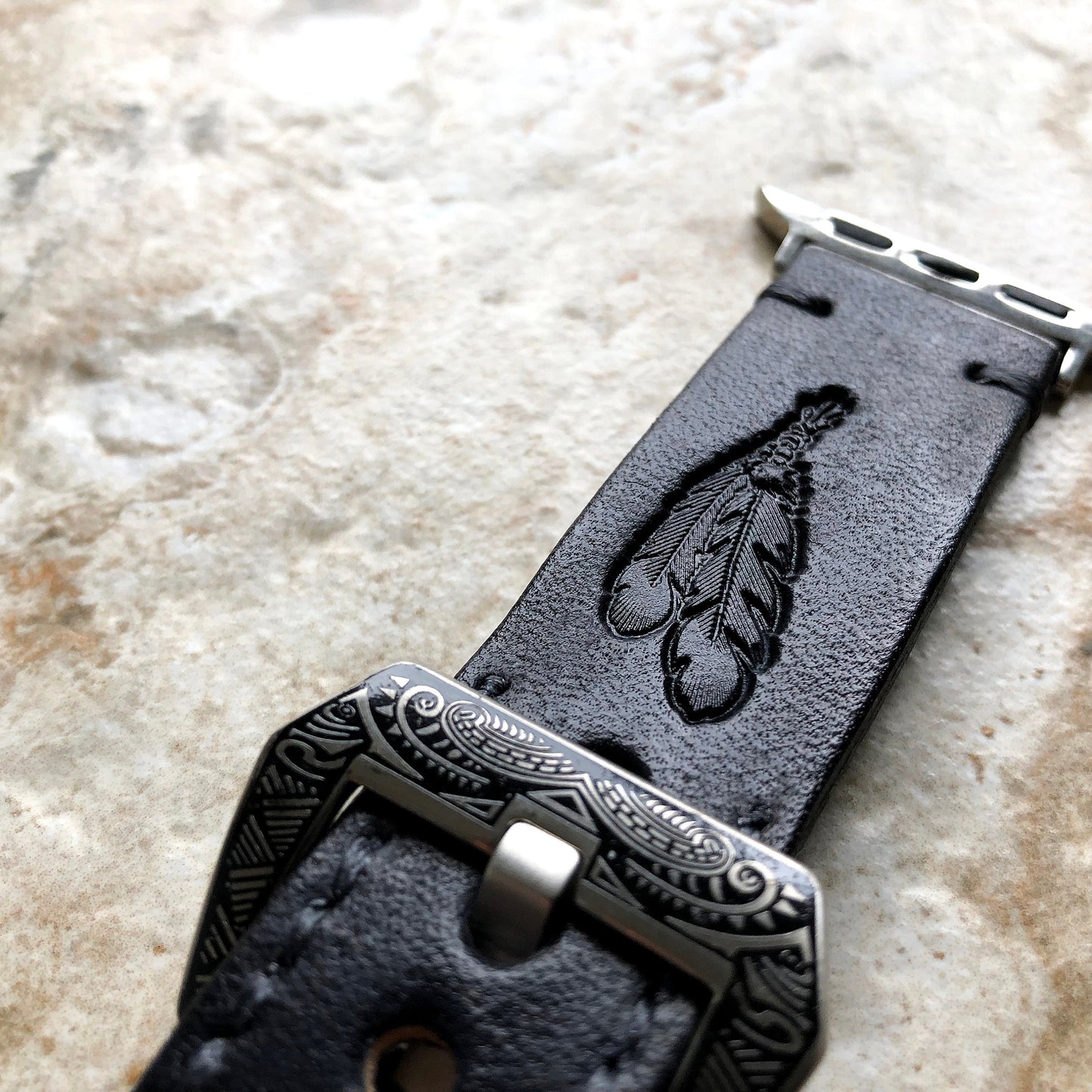 Apple Watch Leather Band Feathers Black for iWatch All Series 38mm 40mm 41mm 42mm 44mm 45mm 49mm Tooled Embossed Handmade Strap Bracelet