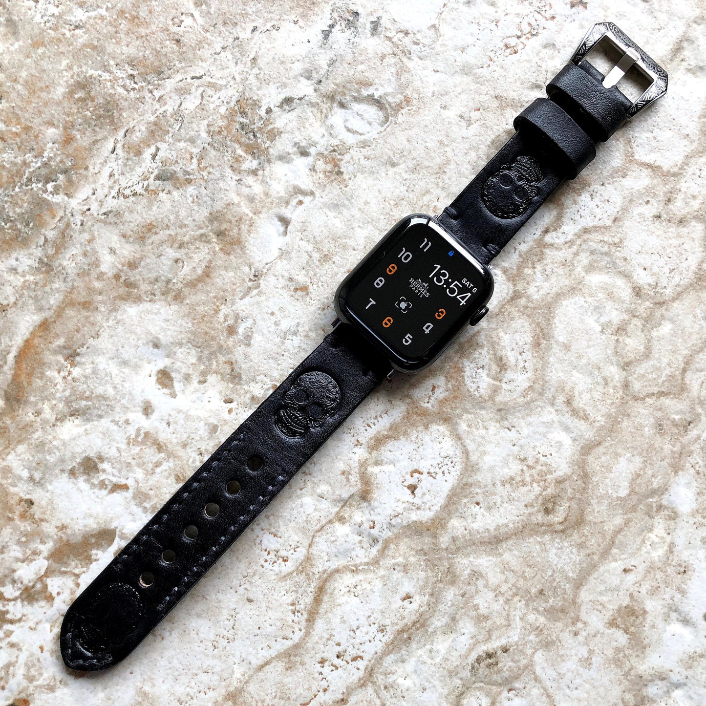 Apple Watch Skull Band Black Genuine Leather for iWatch All Series 38mm 40mm 41mm 42mm 44mm 45mm 49mm Case Tooled Embossed Strap Bracelet