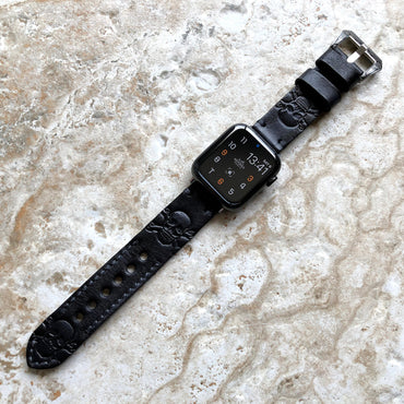 Apple Watch Skull X Bones Band Tooled Embossed Handmade Black Genuine Leather Strap for iWatch 38mm 40mm 41mm 42mm 44mm 45mm 49mm All Series