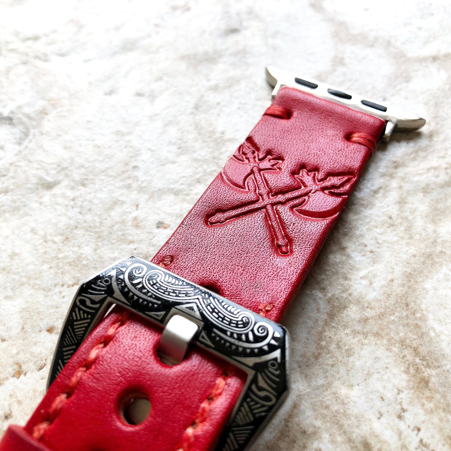 Apple Watch Leather Band Crossed Axes for iWatch All Series 38mm 40mm 41mm 42mm 44mm 45mm 49mm Case Tooled Embossed Red Strap Bracelet