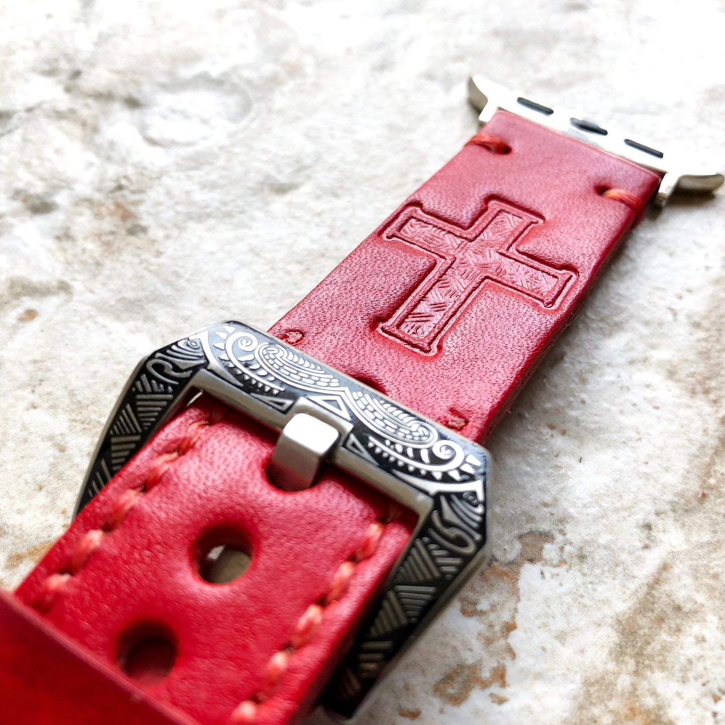 Apple Watch Band Latin Cross for iWatch Ultra 2 49mm and 9 8 Series 41mm 45mm Case Tooled Embossed Handmade Leather Red Strap Bracelet