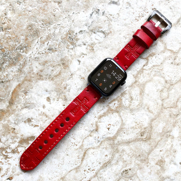 Apple Watch Band Latin Cross for iWatch All Series 38mm 40mm 41mm 42mm 44mm 45mm 49mm Tooled Embossed Handmade Leather Red Strap Bracelet